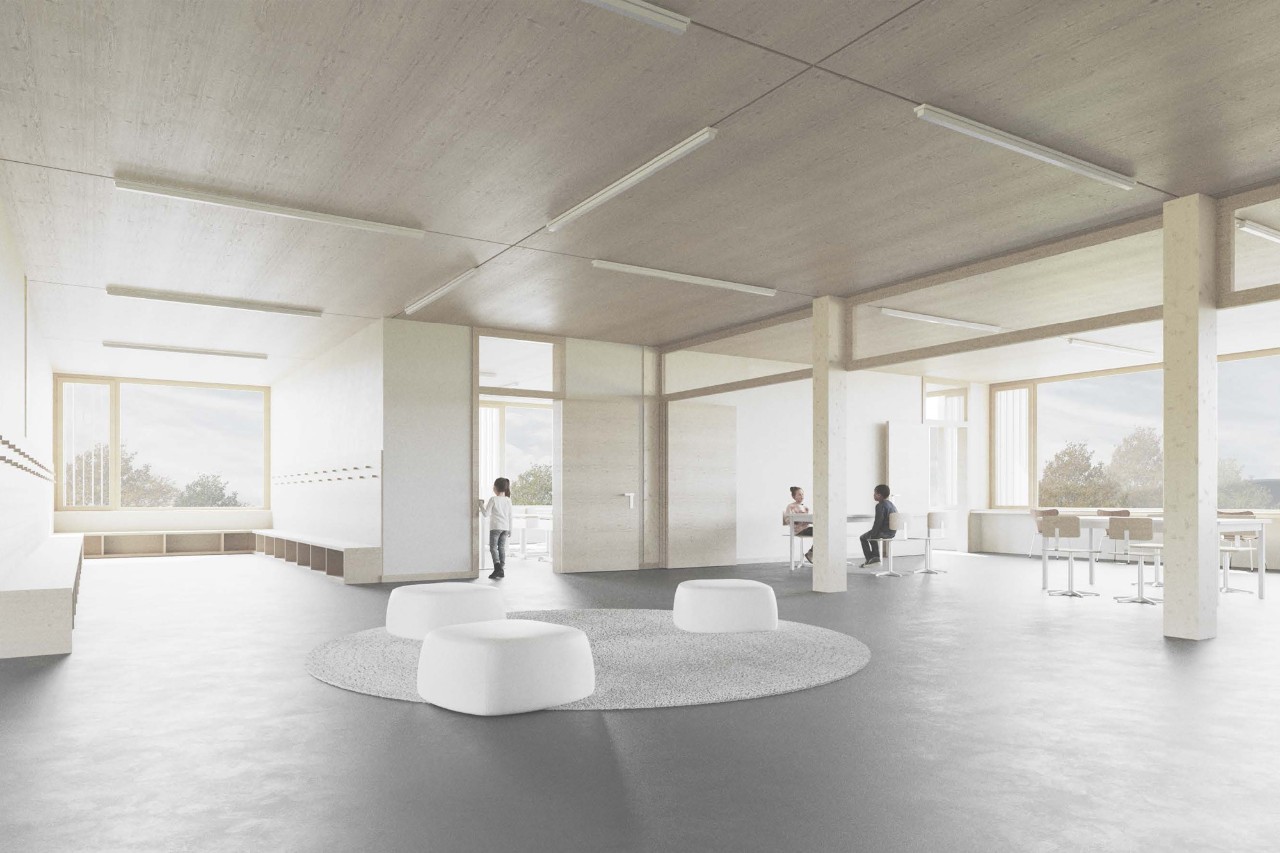 Schulanlage Riedhof Siegerprojekt KUCKUCK ‒ Visualisierung Innenraum mit Schulcluster (Visualisierung: Jonas Wüest Architekten)